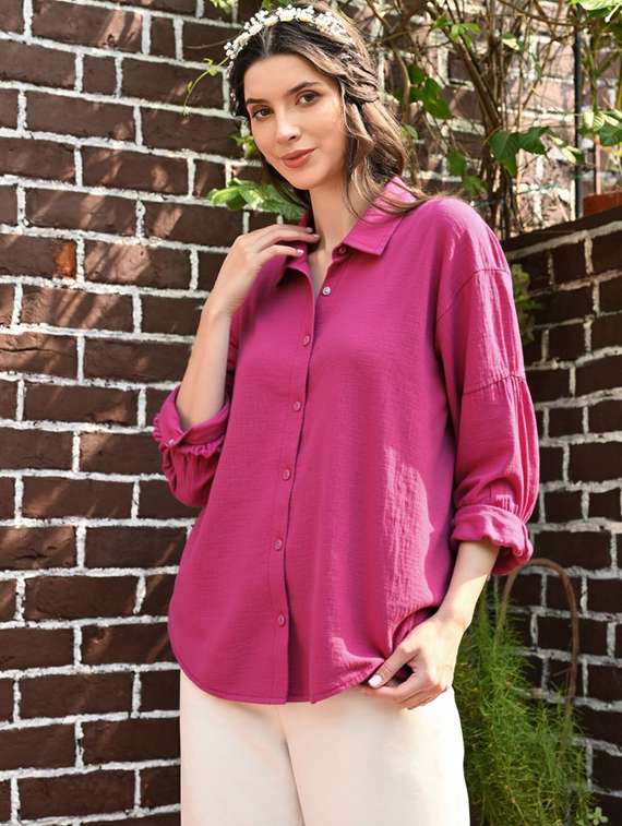 women solid collared long sleeve relaxed fit shirt - 22055138 - Zoom Image - 0