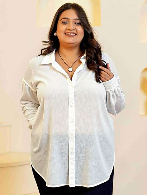 women plus size solid collared long sleeve shirt - 22055139 - Zoom Image - 0