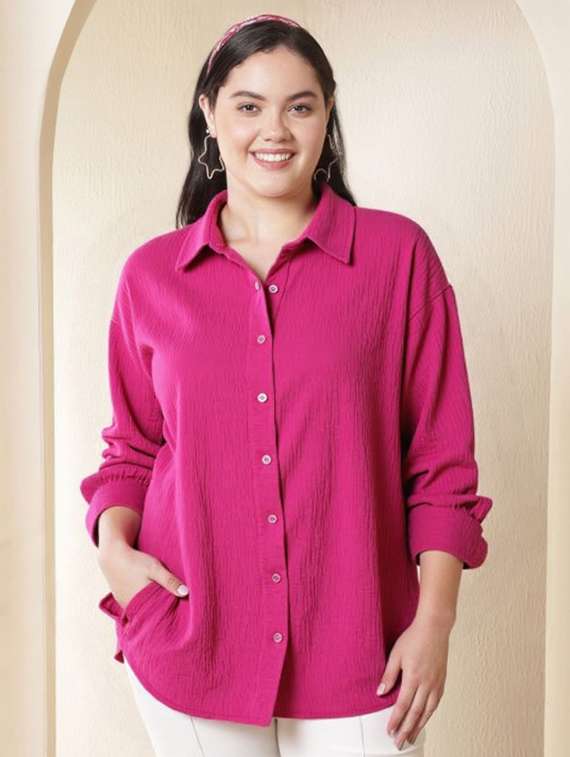 women plus size solid collared long sleeve shirt - 22055151 -  Zoom Image - 0