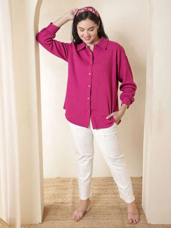 women plus size solid collared long sleeve shirt - 22055151 - Standard Image - 3