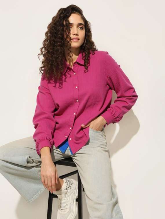 women solid collared long sleeve relaxed fit shirt