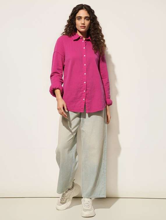 women solid collared long sleeve relaxed fit shirt - 22055154 -  Standard Image - 3