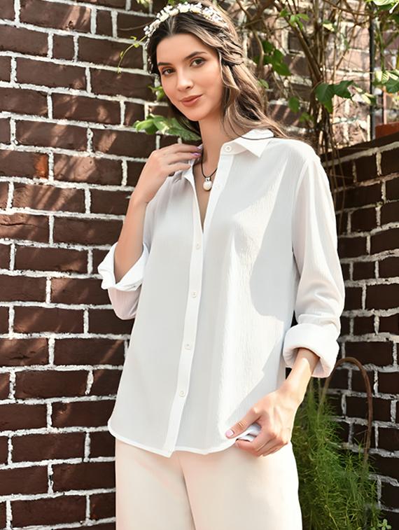 women solid collared long sleeve relaxed fit shirt - 22055155 - Zoom Image - 0