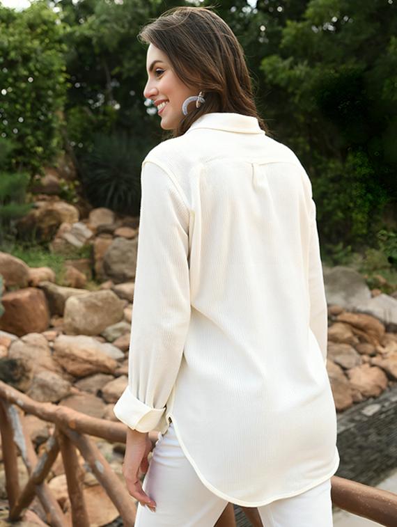 women solid collared long sleeve relaxed fit shirt - 22055157 - Standard Image - 3