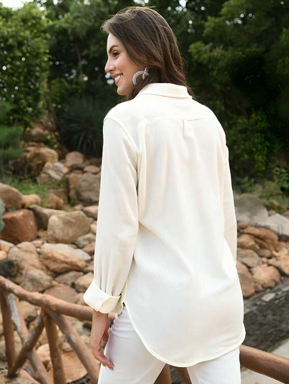 women solid collared long sleeve relaxed fit shirt - 22055157 - Standard Image - 3