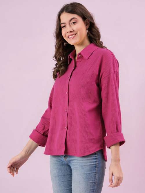 women solid collared long sleeve relaxed fit shirt - 22055166 - Standard Image - 0