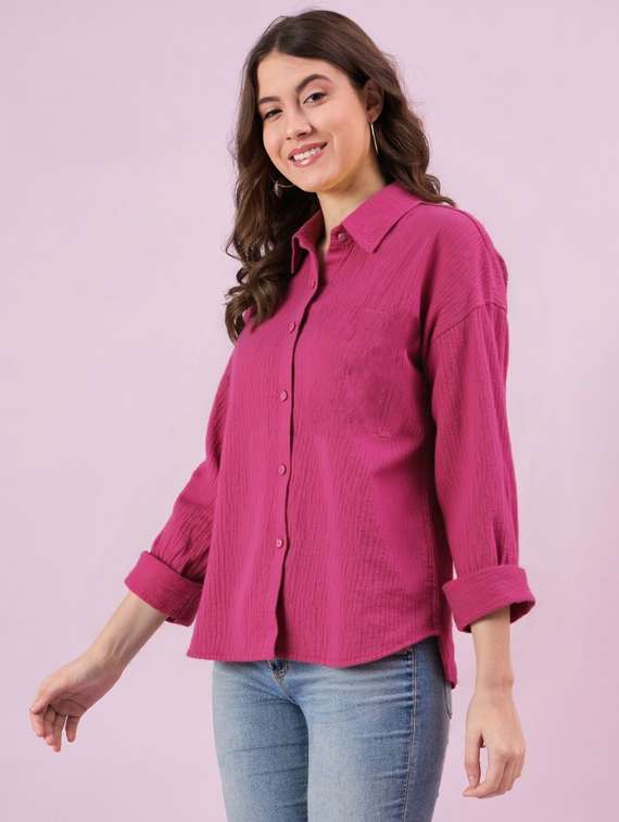 women solid collared long sleeve relaxed fit shirt - 22055166 - Zoom Image - 0