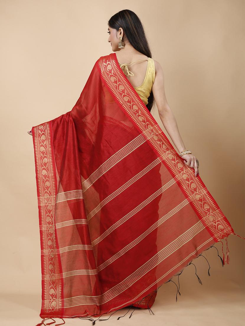 women solid with bordered handloom saree - 22055183 - Standard Image - 3