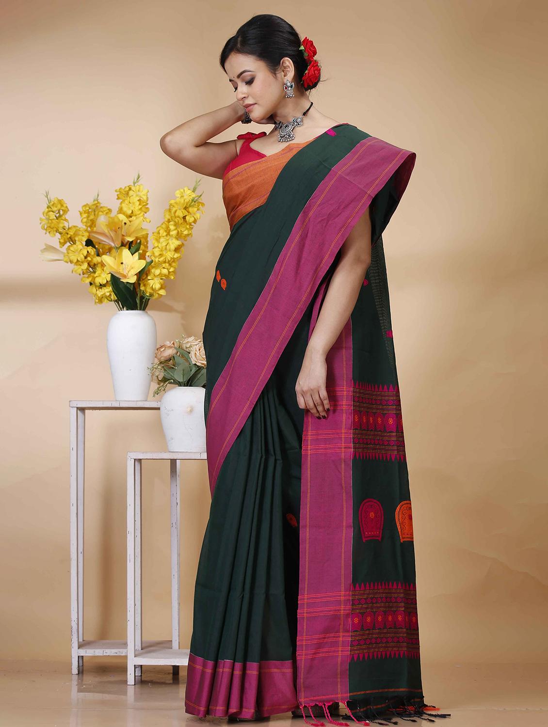 green cotton handloom saree with blouse - 22055445 - Standard Image - 3
