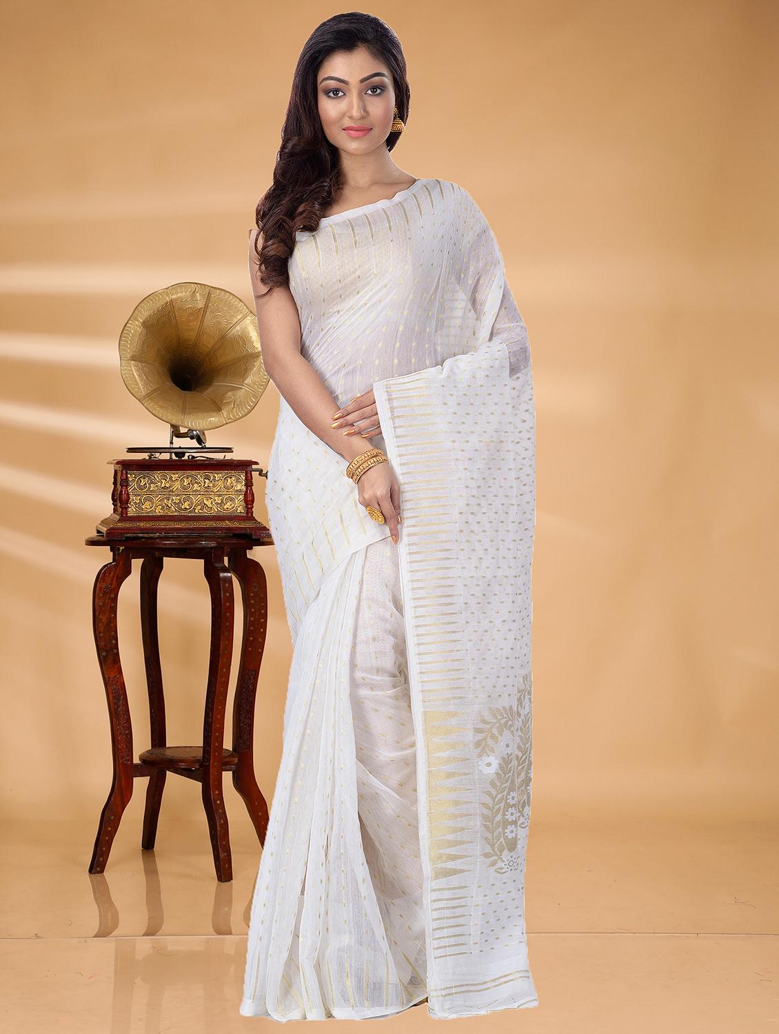 white cotton blend jamdani saree - 22055472 - Zoom Image - 0
