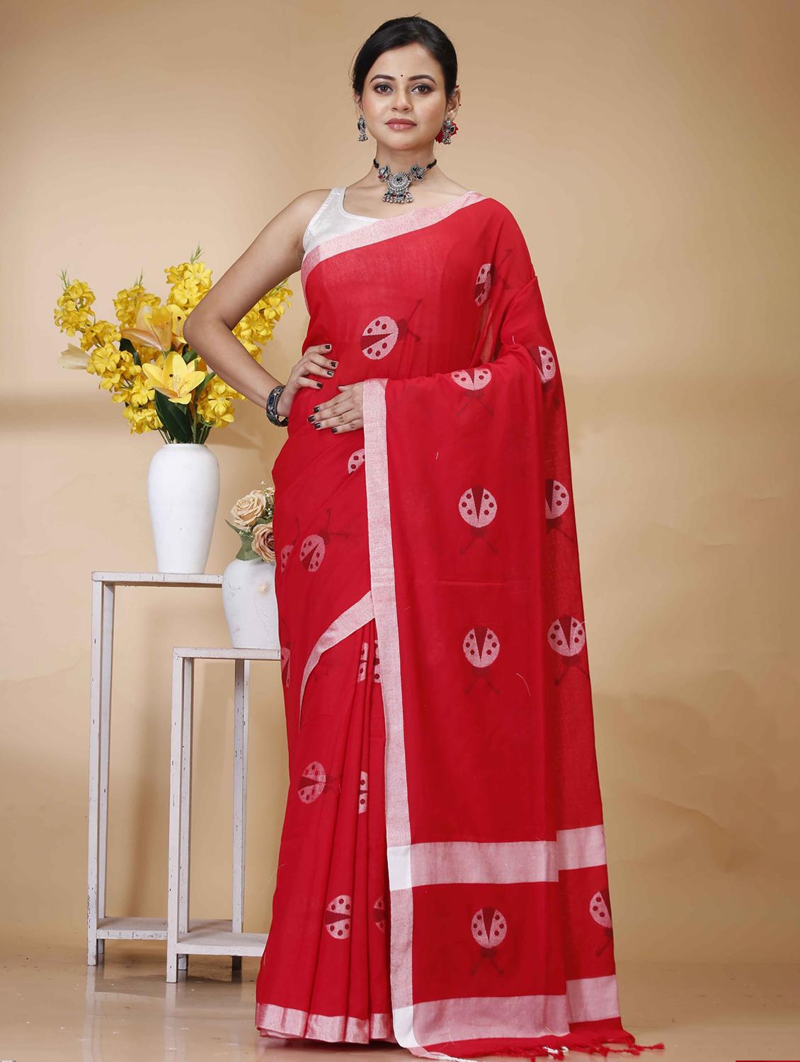red cotton handloom saree - 22055476 - Zoom Image - 0