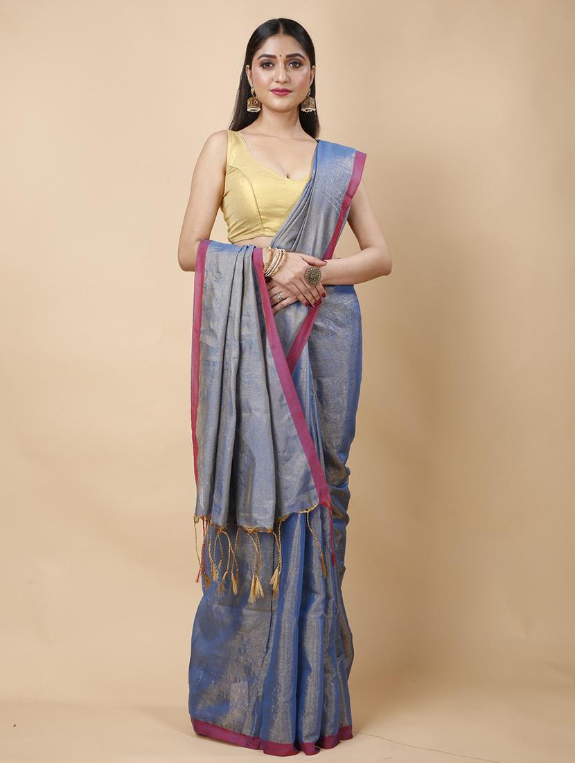 blue linen handloom saree - 22055516 - Zoom Image - 0