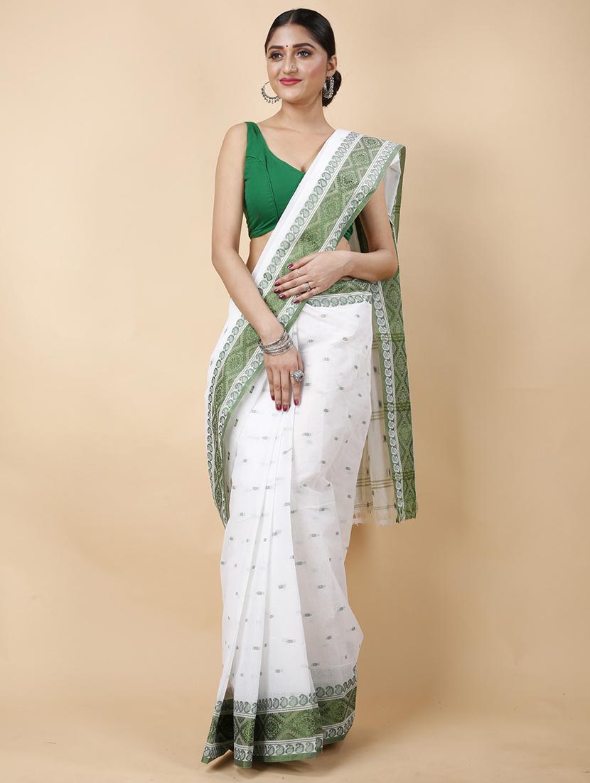 white cotton blend tant saree - 22055523 - Zoom Image - 0