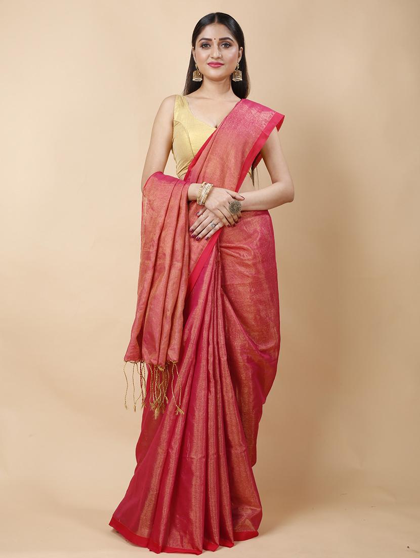 red linen handloom saree - 22055542 - Zoom Image - 0