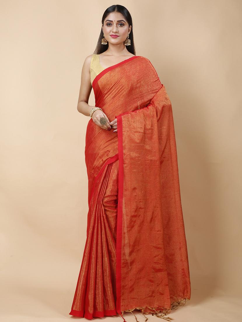 orange linen handloom saree - 22055547 - Zoom Image - 0