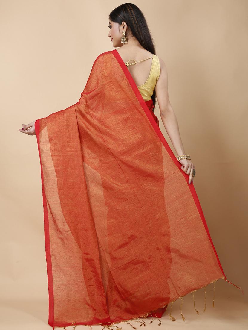 orange linen handloom saree - 22055547 - Standard Image - 3