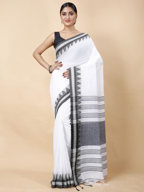 white cotton handloom saree - 22055705 - Standard Image - 0