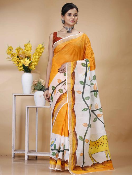 orange cotton handloom saree - 22055816 - Standard Image - 0