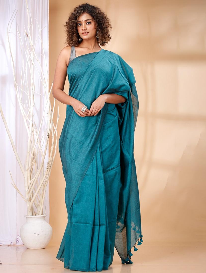 teal silk blend handloom saree - 22055876 - Zoom Image - 0