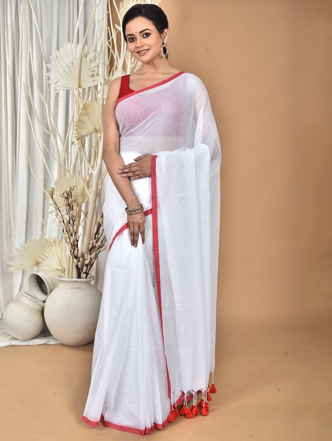 white cotton handloom saree - 22055942 - Zoom Image - 0