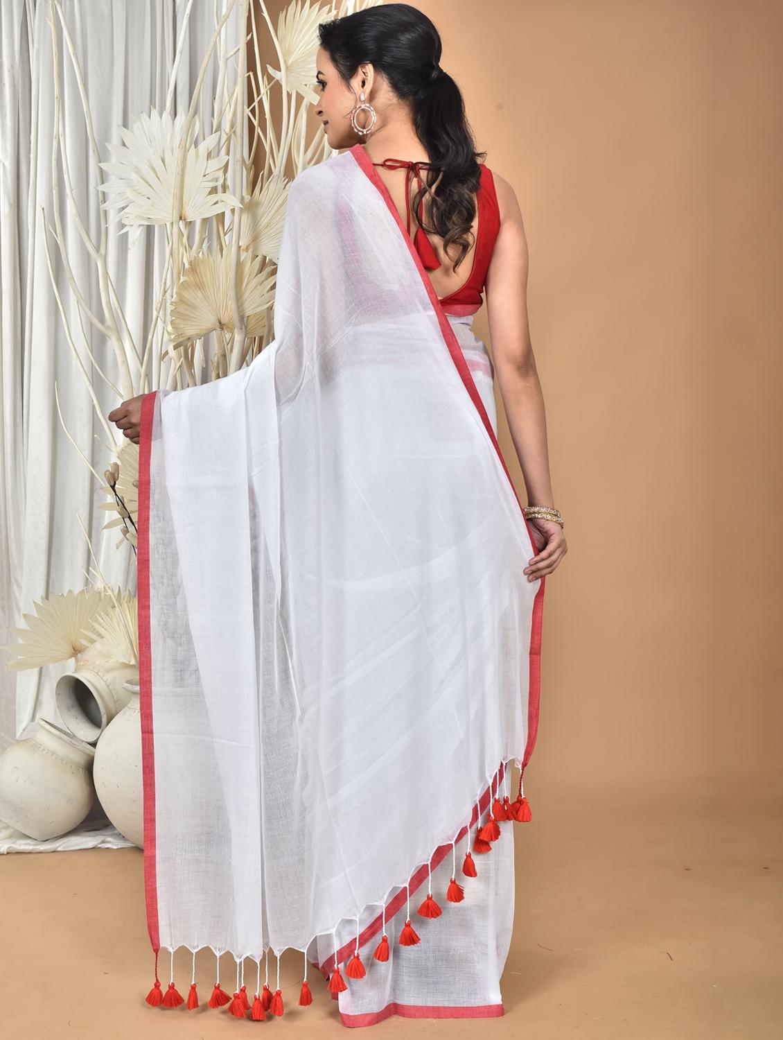 white cotton handloom saree - 22055942 - Standard Image - 3