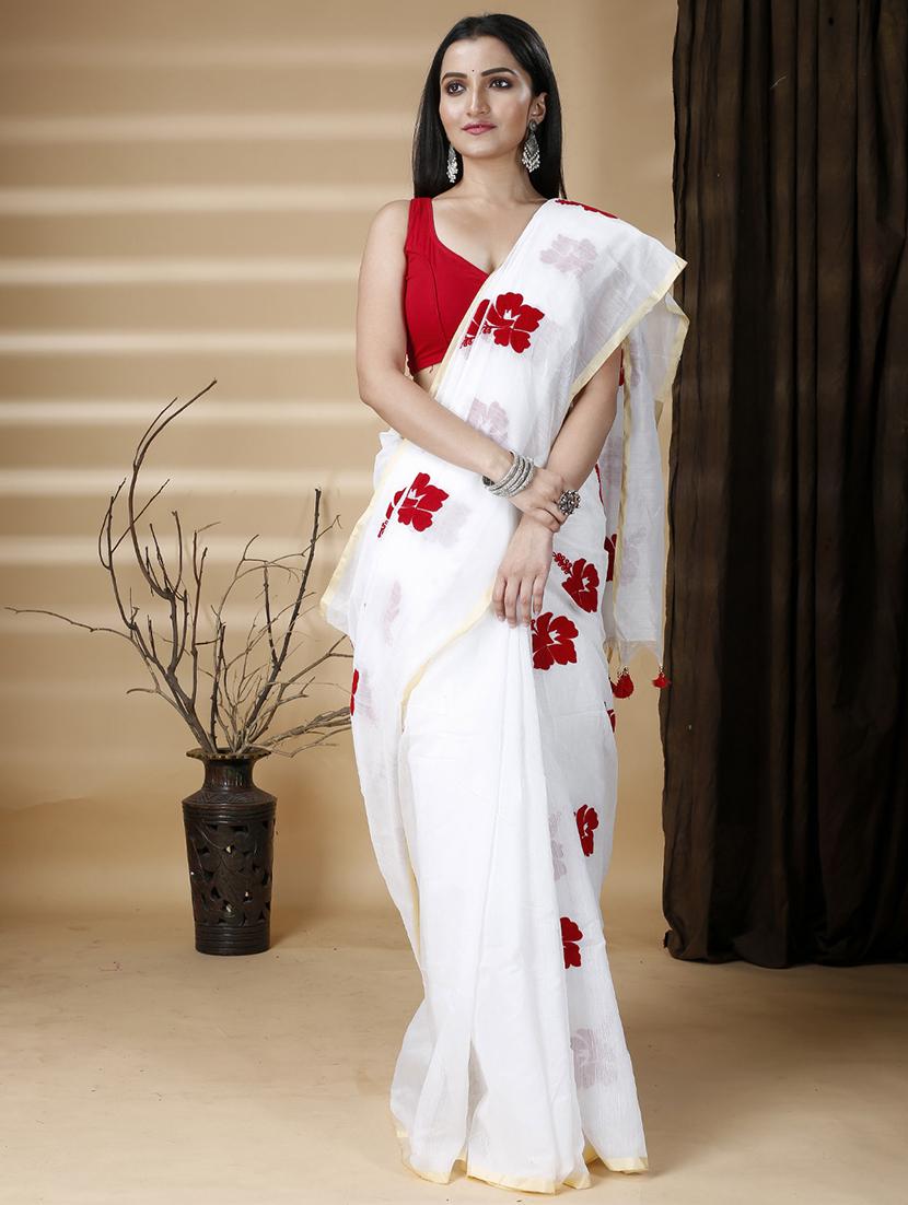 white cotton blend printed saree - 22056141 - Standard Image - 3
