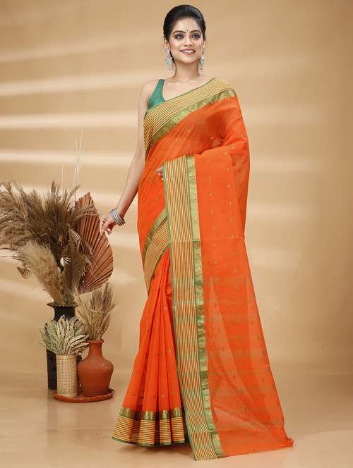 orange cotton blend handloom saree - 22056227 - Standard Image - 0