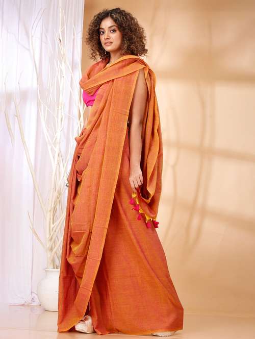 orange cotton blend handloom saree - 22056339 - Standard Image - 0