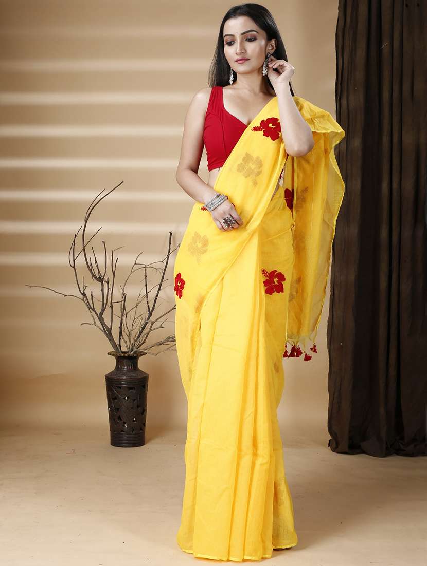 yellow cotton blend printed saree - 22056359 -  Zoom Image - 0
