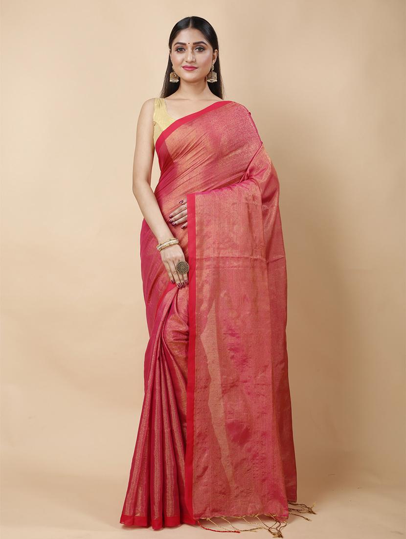 red silk blend handloom saree - 22056395 - Zoom Image - 0
