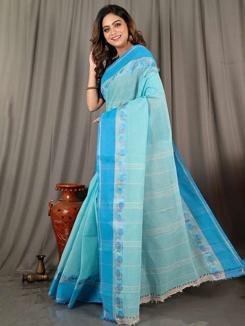 light blue cotton tant saree - 22056412 - Standard Image - 0
