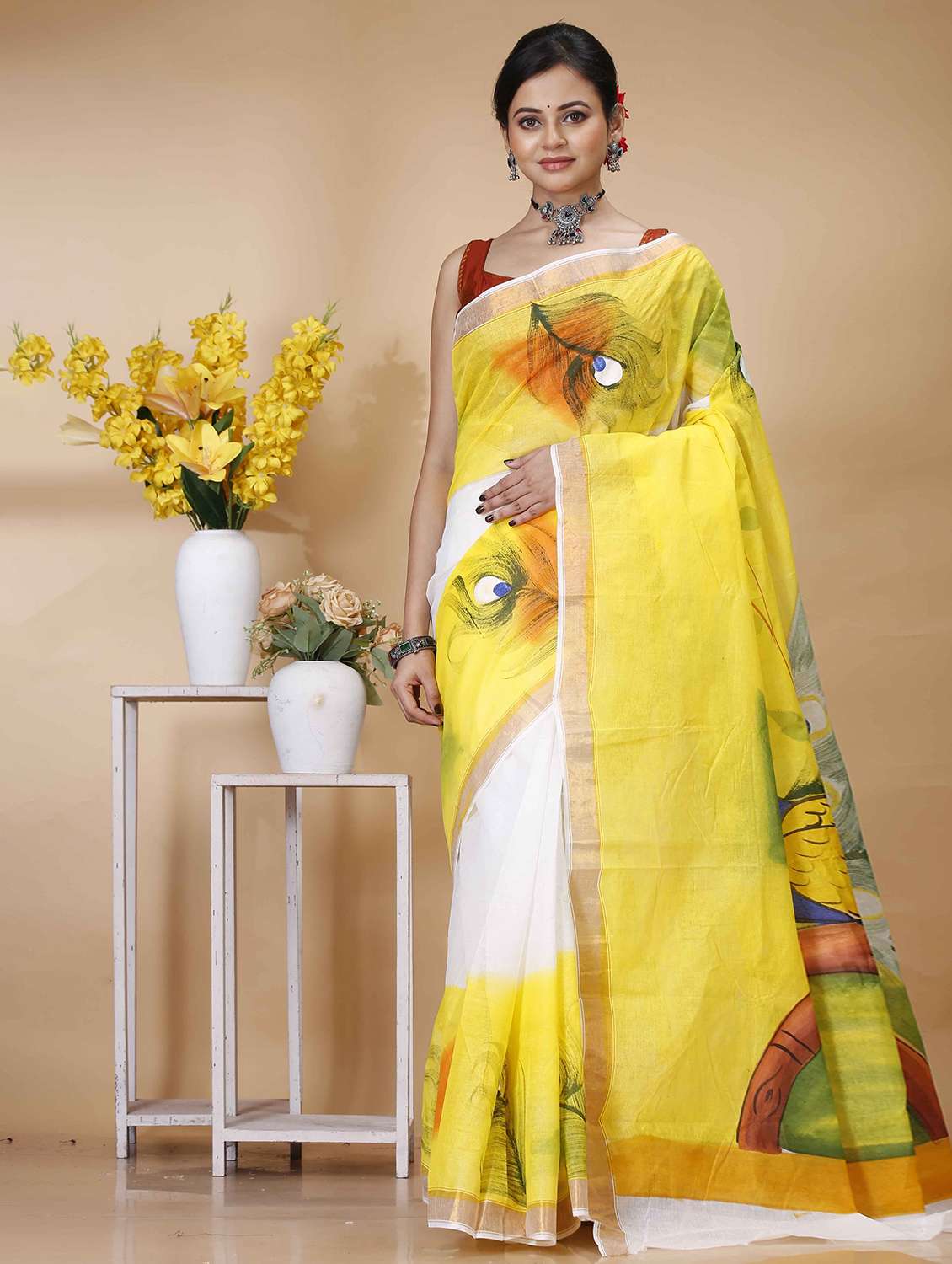 yellow cotton handloom saree - 22056435 -  Zoom Image - 0