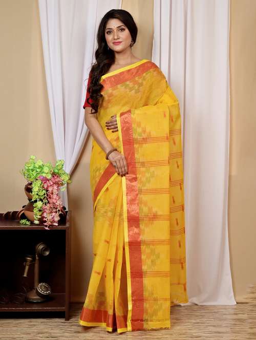 yellow cotton blend handloom saree - 22056438 - Standard Image - 0