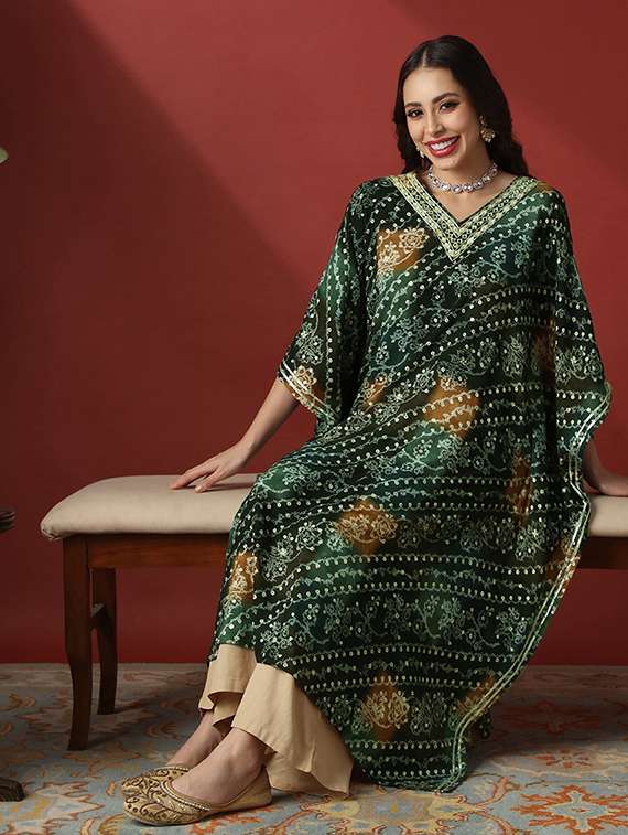globus women green zari embroidered v-neck ethnic print gotta patti fusion kaftan kurta - 22056929 - Standard Image - 3