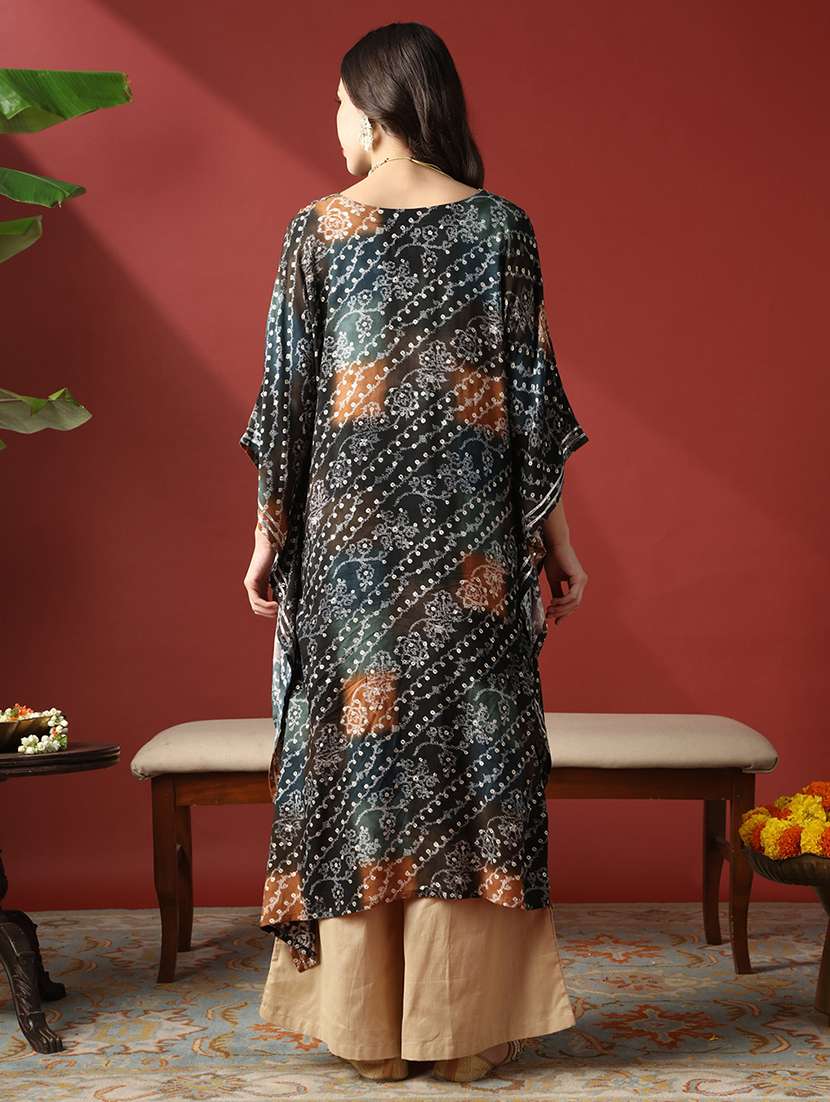 globus women navy blue zari embroidered v-neck ethnic print gotta patti fusion kaftan kurta - 22056929 -  Standard Image - 3