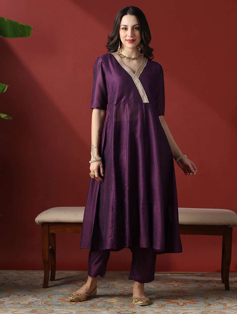 globus women purple lace detail v-neck panelled anarkali kurta with straight pants festive set - 22056930 -  Zoom Image - 0