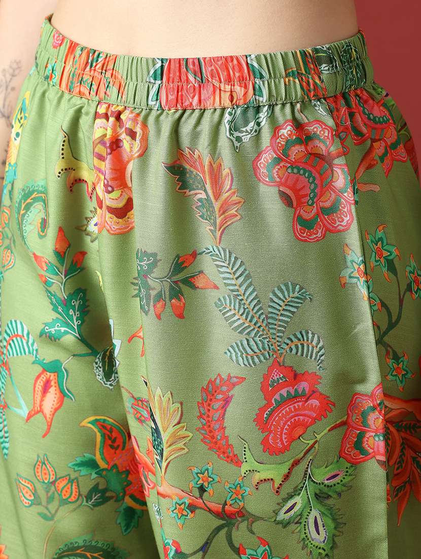 globus women green zari embroidered v-neck panelled floral print anarakali kurta with pants festive set - 22056931 -  Standard Image - 5