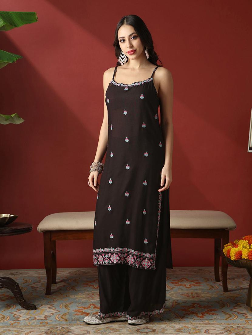 women embroidered shoulder strap kurta palazzo set
