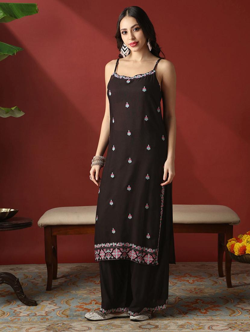 women embroidered shoulder strap kurta palazzo set