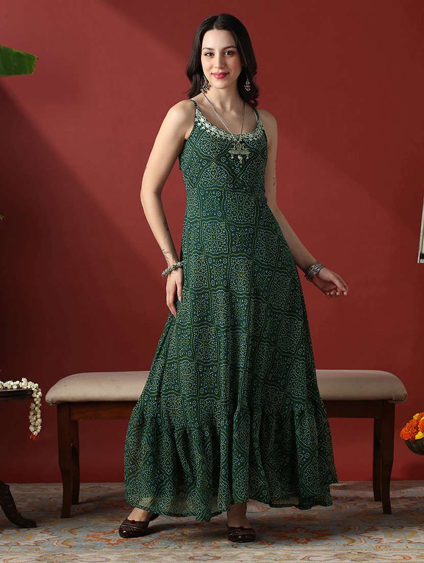 globus women green embroidered round neck stylised tie back detail bandhani georgette fit & flare festive maxi dress
