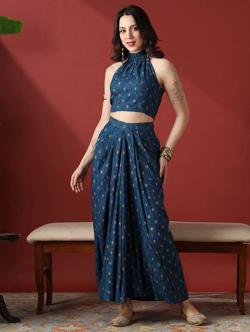 globus women navy blue floral print smock detail halter neck crop top with pleated maxi skirt fusion co-ord set - 22056948 -  Zoom Image - 0