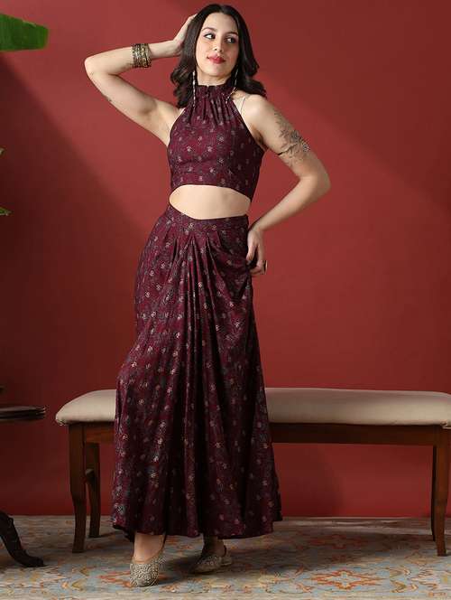 globus women maroon floral print smock detail halter neck crop top with pleated maxi skirt fusion co-ord set - 22056949 -  Standard Image - 0
