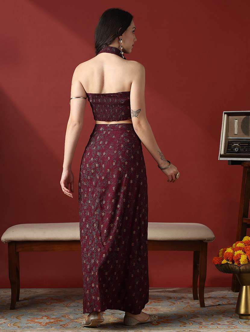 globus women maroon floral print smock detail halter neck crop top with pleated maxi skirt fusion co-ord set - 22056949 - Standard Image - 3