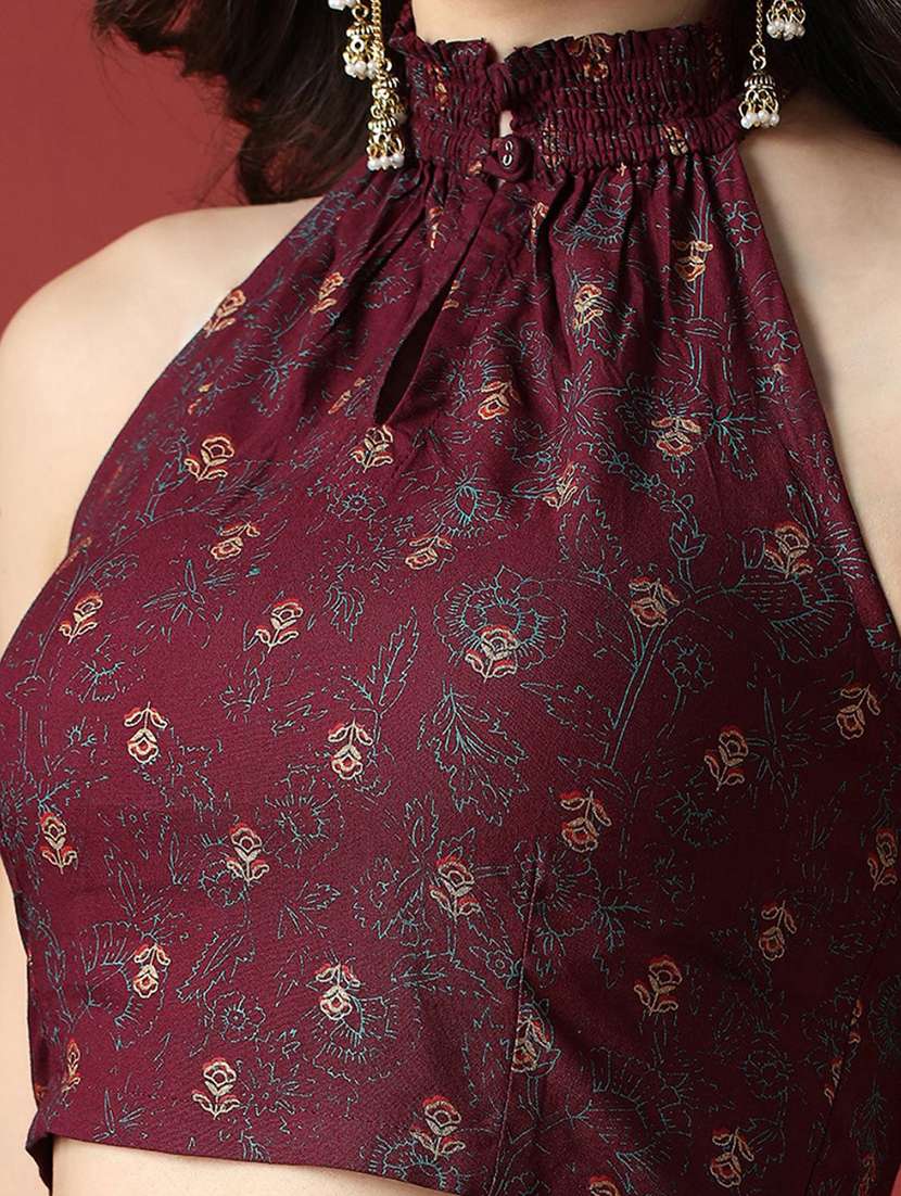 globus women maroon floral print smock detail halter neck crop top with pleated maxi skirt fusion co-ord set - 22056949 - Standard Image - 5