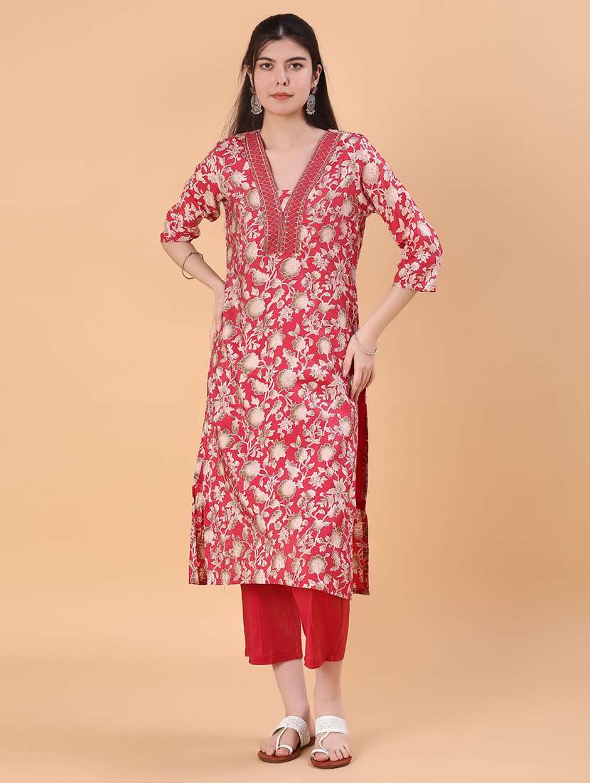 women floral three quarter sleeve kurta pant set - 22057199 -  Standard Image - 3