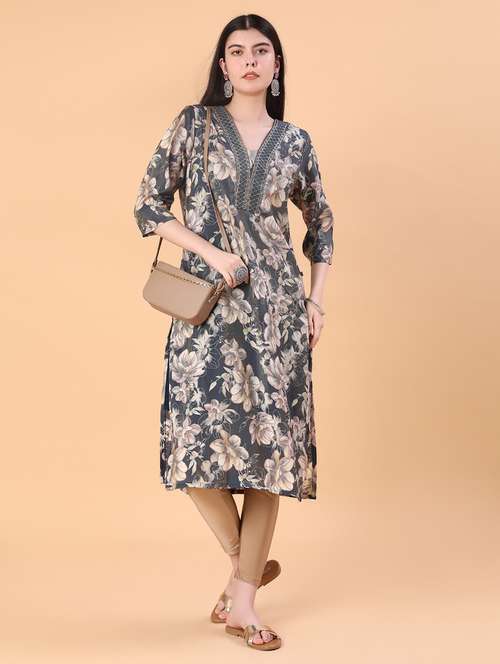 women floral print vneck straight kurta - 22057204 -  Standard Image - 0