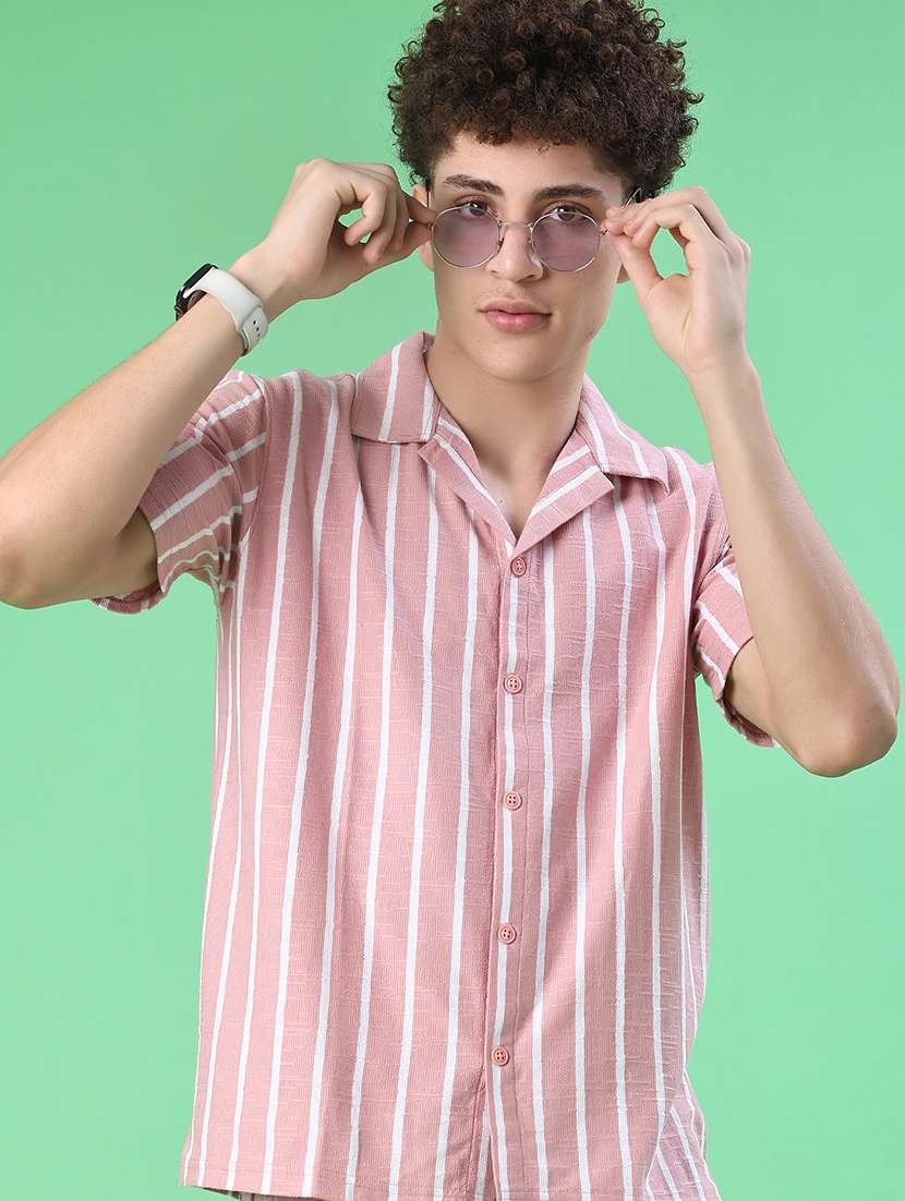 men striped short sleeve regular fit casual shirt