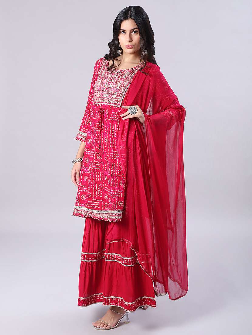 women three quarter sleeve kurta and sharara with dupatta 