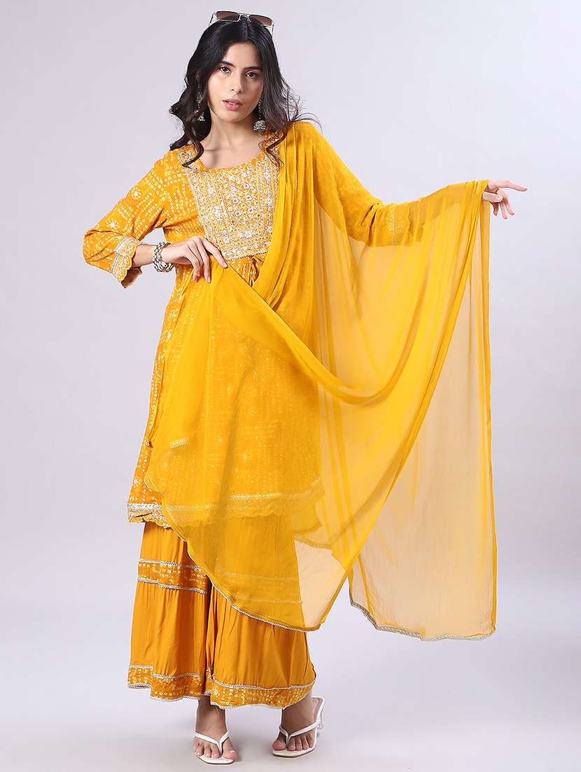 women three quarter sleeve kurta and sharara with dupatta 