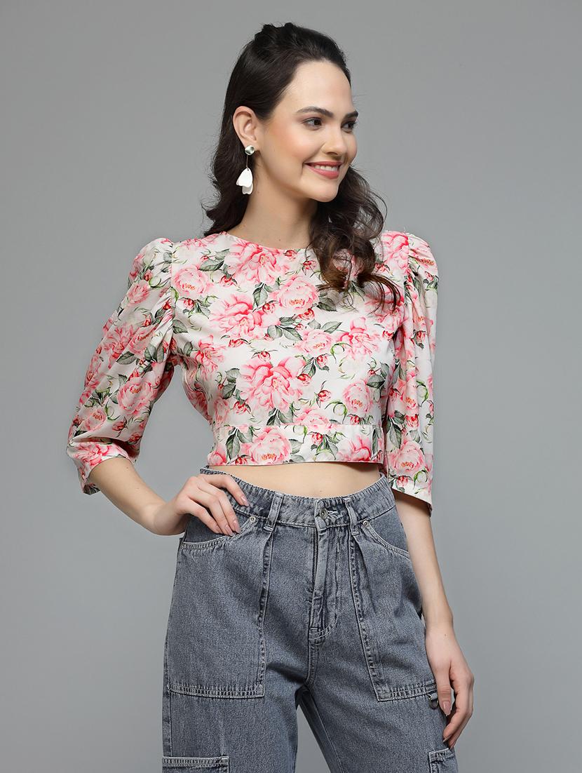 women floral print puff sleeve back tie crop top - 22057806 - Zoom Image - 0